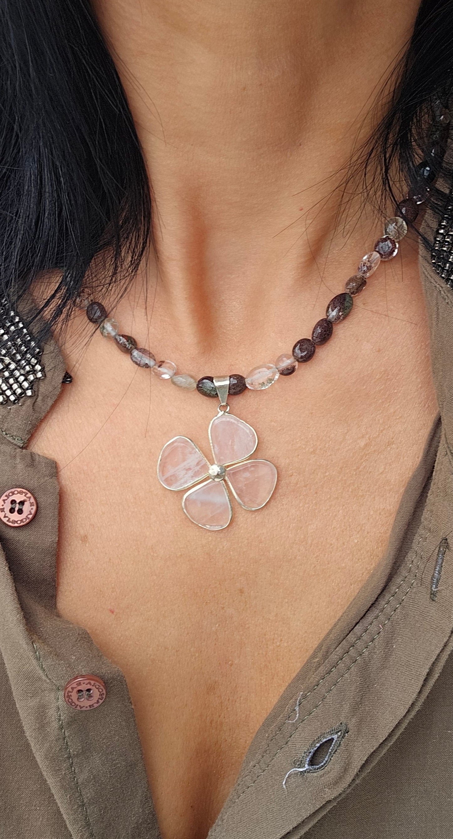 Four Leaves Clover Necklace - Green n' Grey